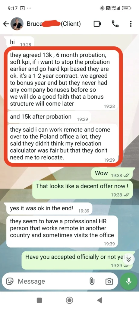 Screenshot of WhatsApp conversation where a client thanks Frederic for coaching and confirms a job offer