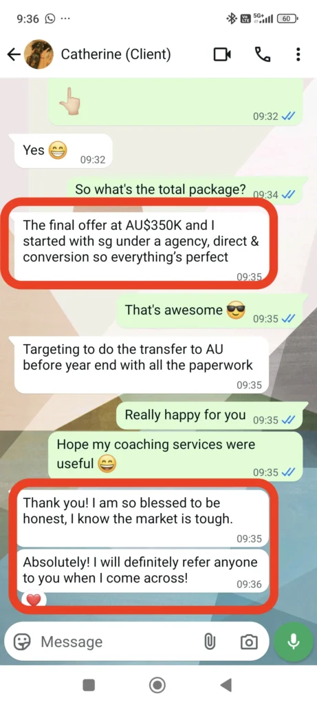 Chat message showing a client accepting a salary negotiation after coaching guidance