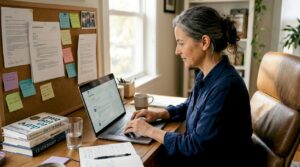 Executive updating LinkedIn profile in home office