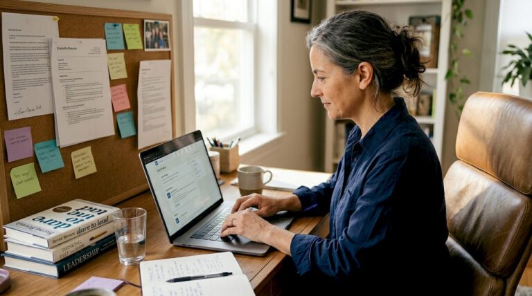 Executive updating LinkedIn profile in home office