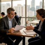 Executive and coach reviewing interview question sheet