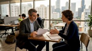 Executive and coach reviewing interview question sheet