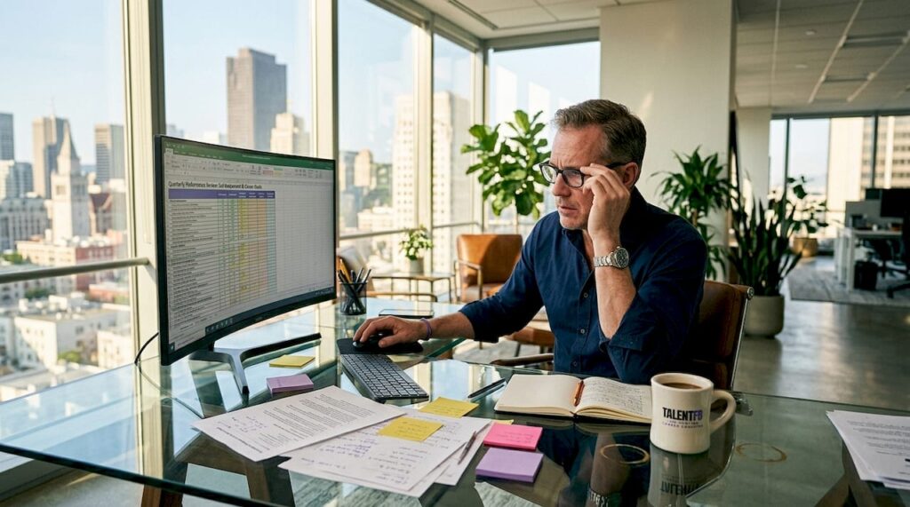 Tech executive reviewing assessment at desk