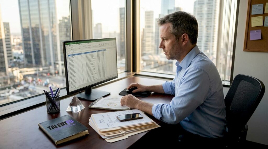 Recruiter planning tech hiring at desk