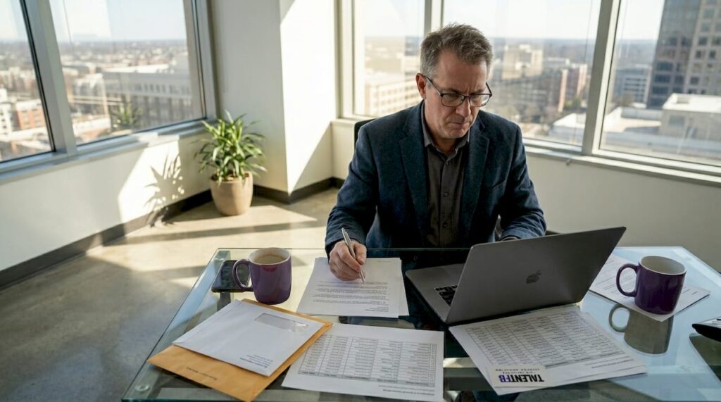 Tech executive reviewing job search emails
