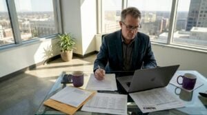 Tech executive reviewing job search emails