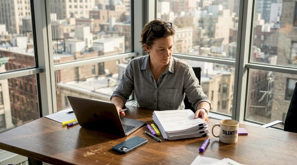 Tech leader reviewing resumes in corner office