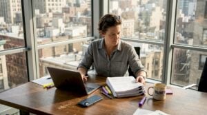 Tech leader reviewing resumes in corner office