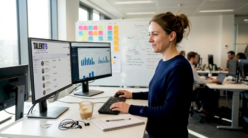 Recruiter using AI tools at bright office desk