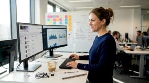 Recruiter using AI tools at bright office desk