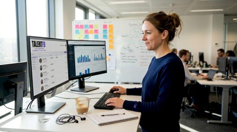 Recruiter using AI tools at bright office desk