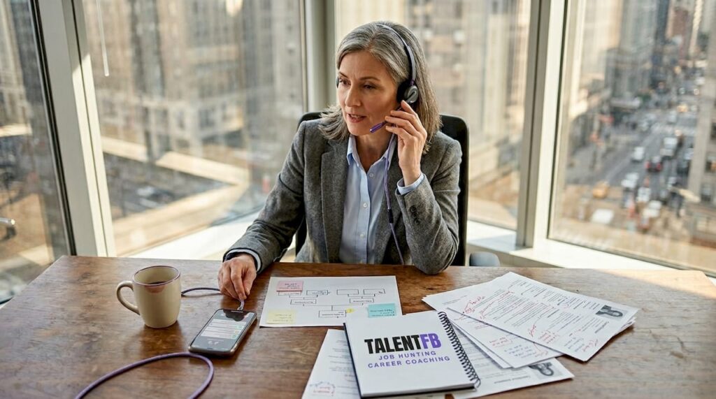 Executive recruiter reviewing candidate resumes in office