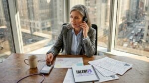 Executive recruiter reviewing candidate resumes in office