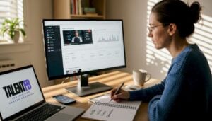 Professional comparing video platforms at home desk