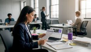 HR manager reviews tech resumes at office desk