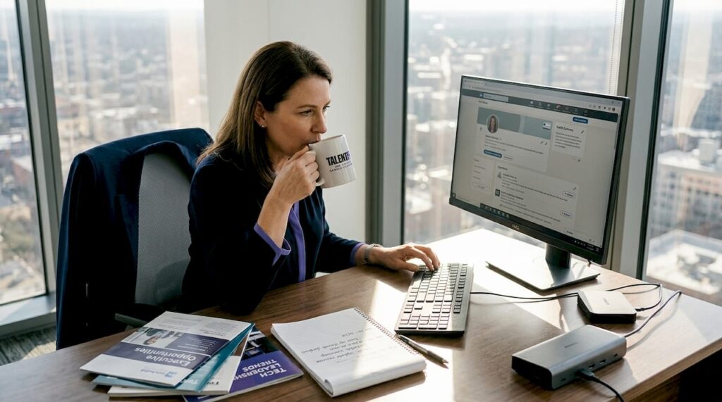 Executive updating profile in sunlit office