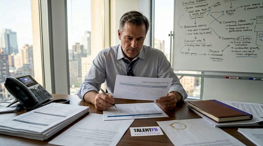 Tech executive reviewing executive scorecard in office