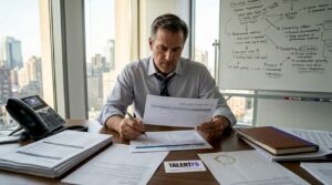 Tech executive reviewing executive scorecard in office
