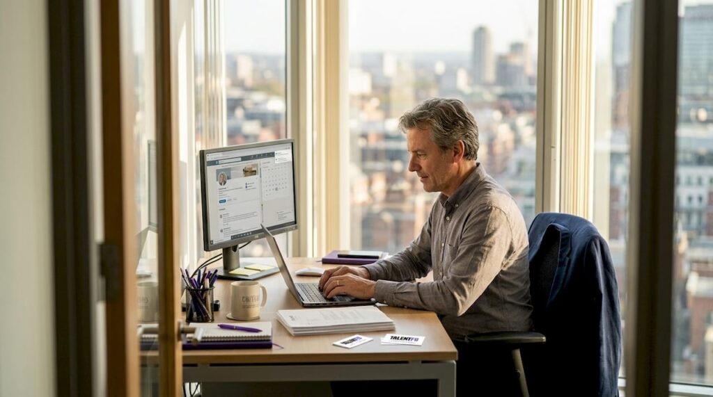Tech executive works in corner office