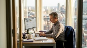 Tech executive works in corner office