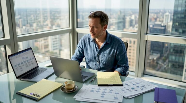 Tech leader planning career steps at office desk