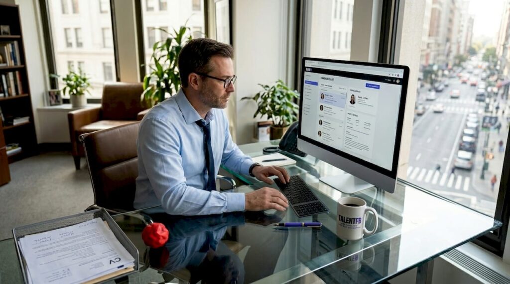 Tech executive reviewing hiring profiles at desk