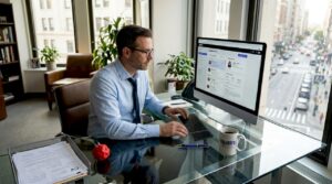 Tech executive reviewing hiring profiles at desk