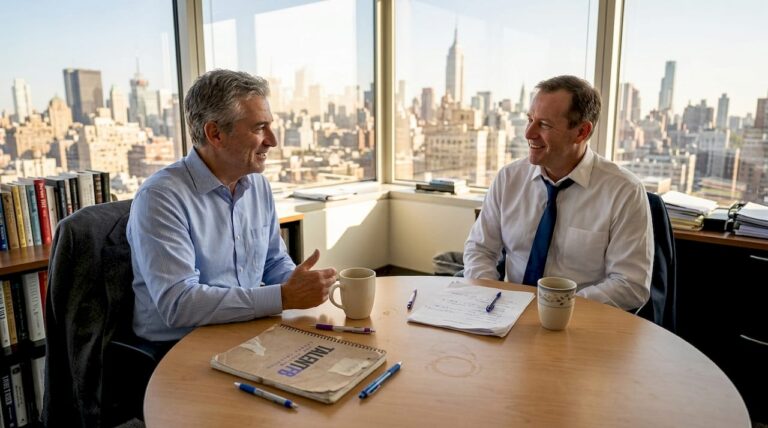 Executives in candid office networking conversation