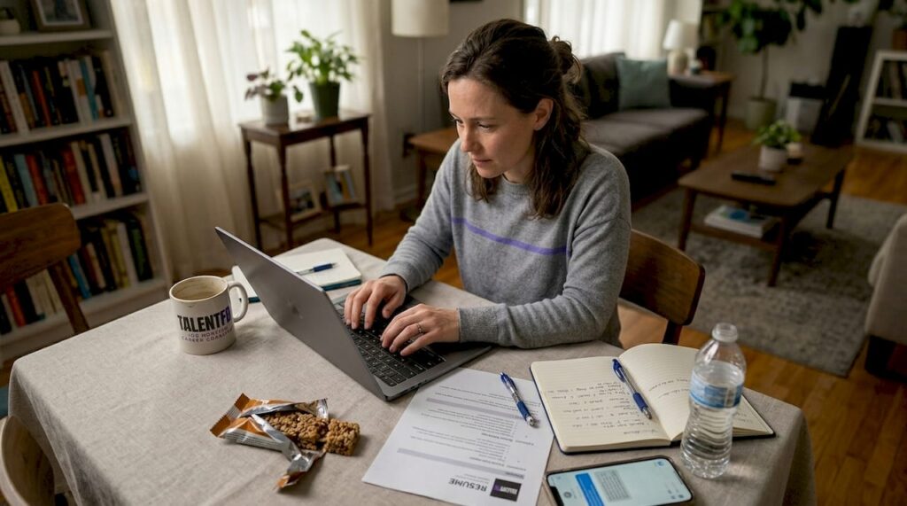 Professional woman doing job search at home workspace