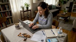 Professional woman doing job search at home workspace