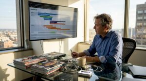 Tech leader reviewing project roadmap in corner office