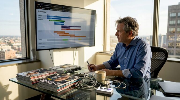 Tech leader reviewing project roadmap in corner office