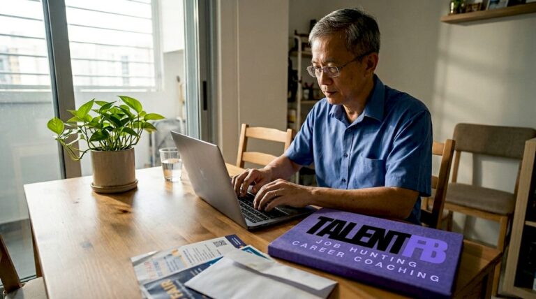 Senior man updating CV at home dining table