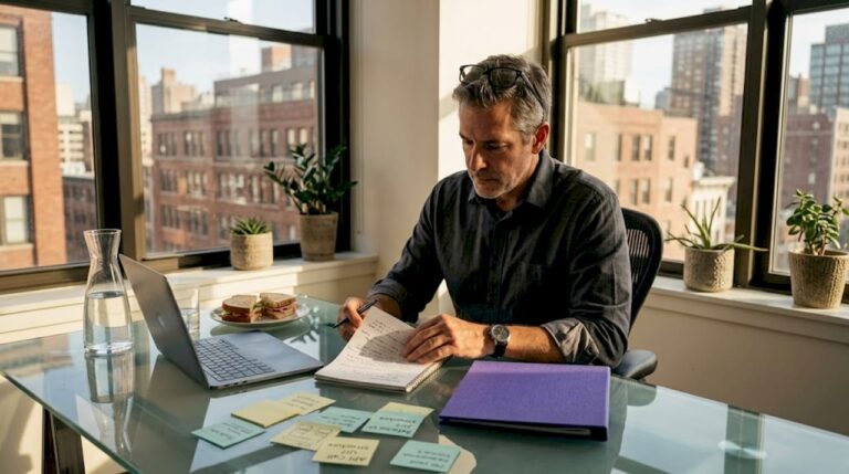 Tech executive reading notes at glass desk