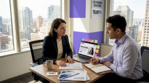 Tech executive talking with coach in office
