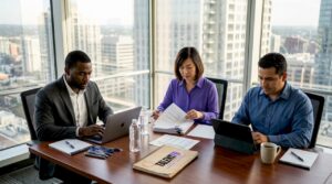 Tech recruiters collaborating at conference table
