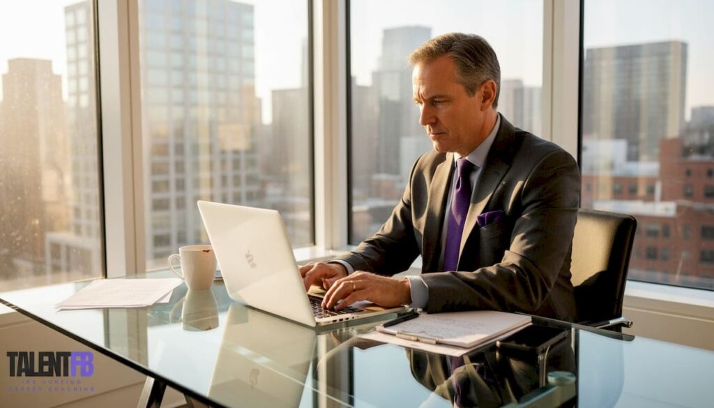 Senior executive reviews LinkedIn profile in corner office