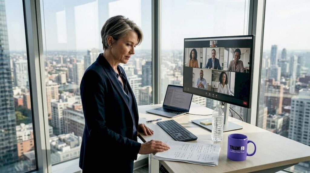 Tech executive leading video conference in corner office