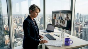 Tech executive leading video conference in corner office