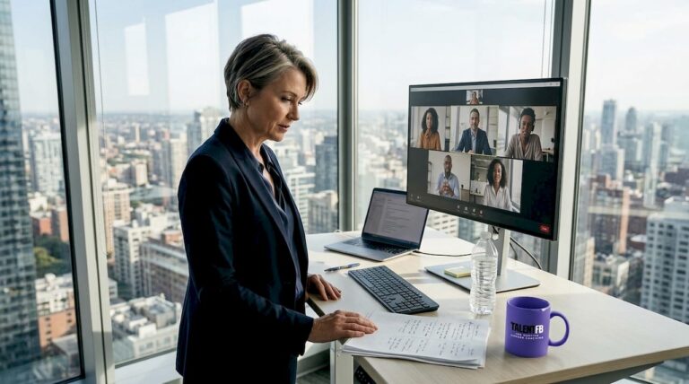 Tech executive leading video conference in corner office