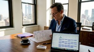 Executive reviewing resume at corner office desk