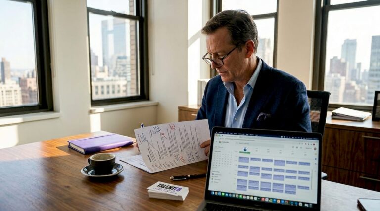Executive reviewing resume at corner office desk