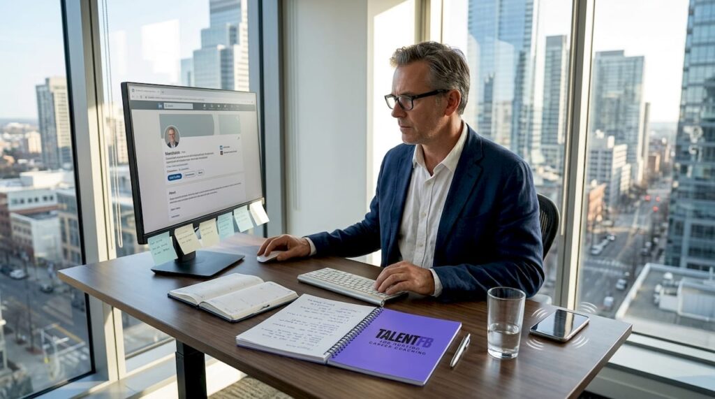 Executive updating LinkedIn profile in corner office