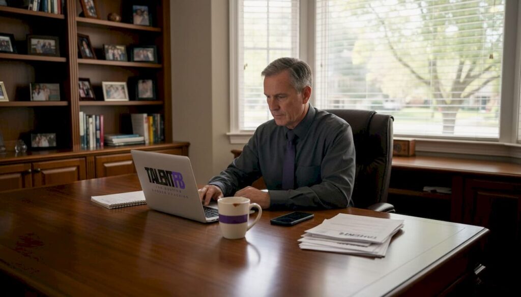 Senior tech leader discreetly reviewing job search emails