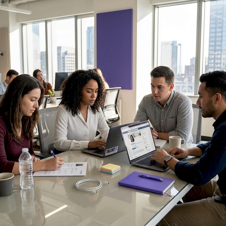 Diverse tech team reviewing candidate resumes