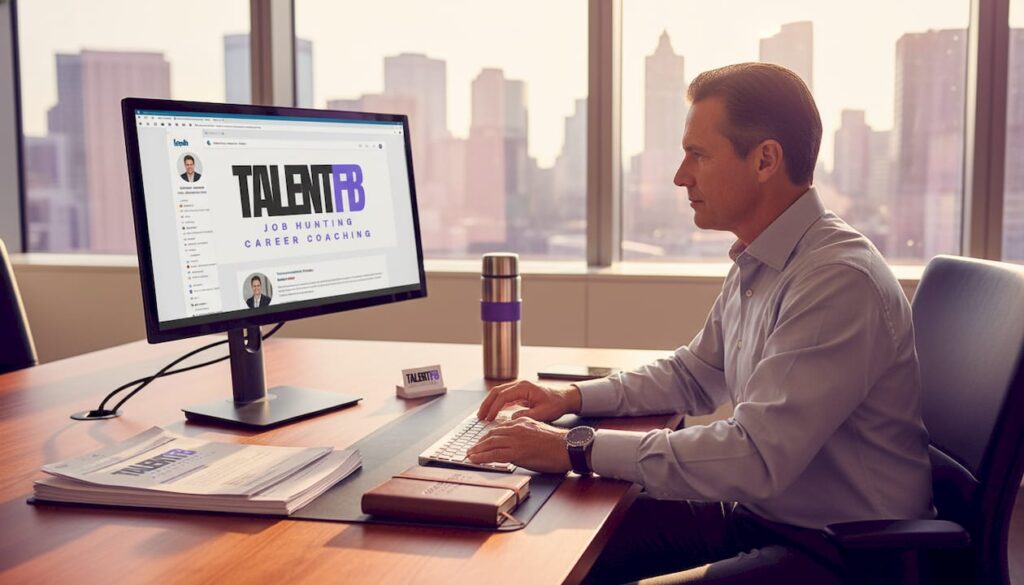 Executive reviewing LinkedIn profile in office