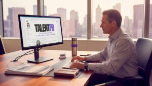 Executive reviewing LinkedIn profile in office