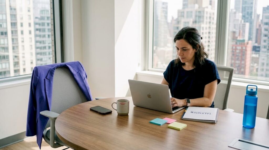 Tech hiring manager reviews resumes in bright office