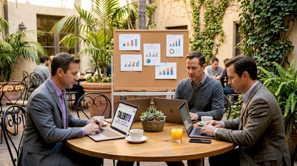 Entrepreneurs comparing alternatives in coworking space