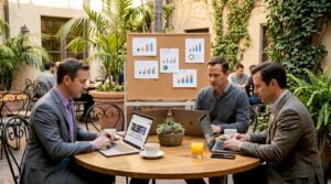 Entrepreneurs comparing alternatives in coworking space